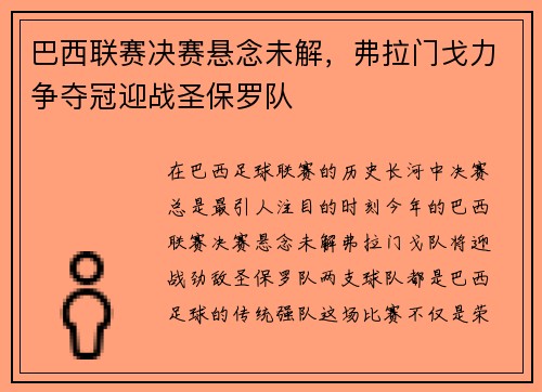 巴西联赛决赛悬念未解，弗拉门戈力争夺冠迎战圣保罗队